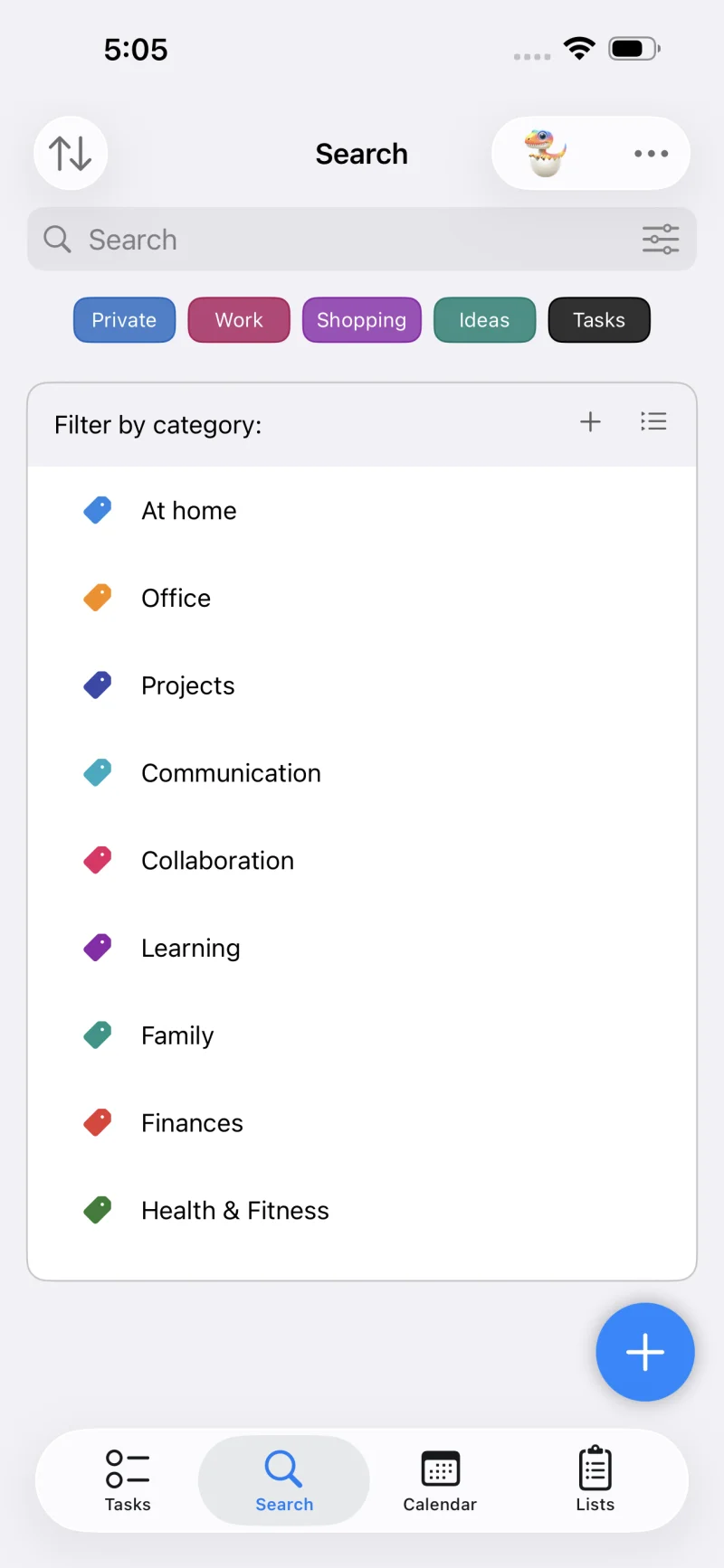 Search field with matching task results listed below