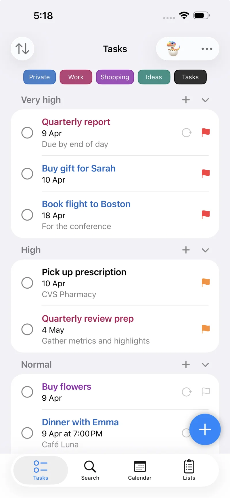 Task list sorted by priority with color-coded categories and priority flags